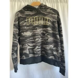 Puma Women’s Size XS Long Sleeve Gray Camo Print Hooded Crop Sweatshirt